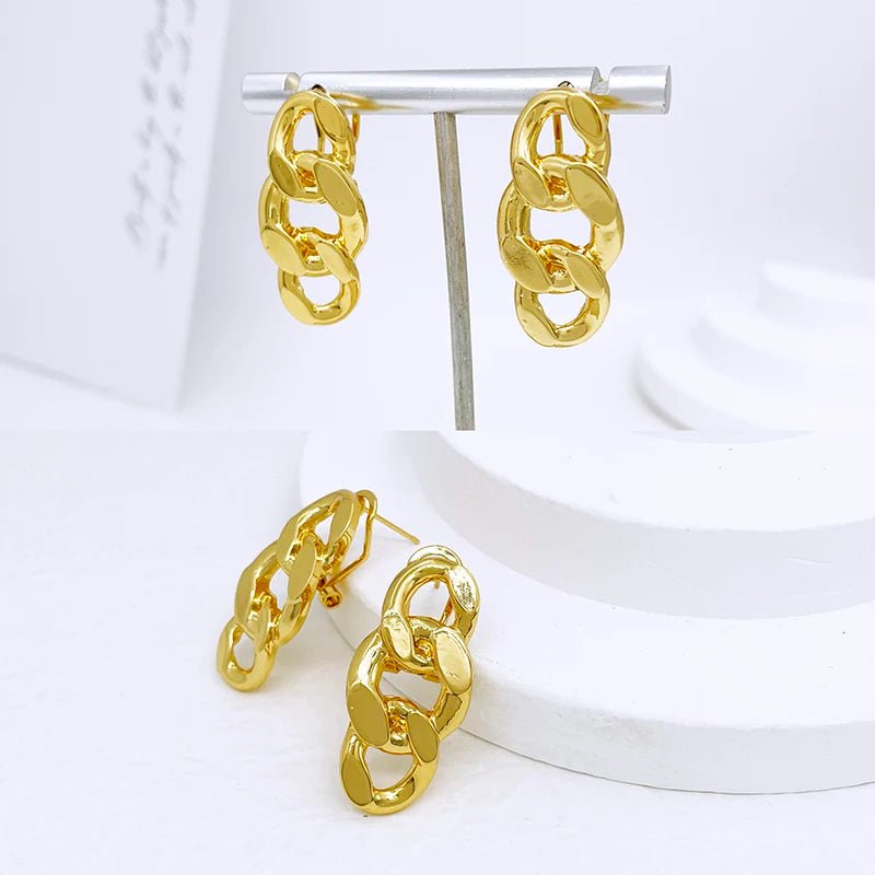 Luxury Dubai Nigeria Gold Color Women Jewelry Set Classic Design 18K Gold Plated Cuban Chain Earring Necklace Ring Bracelet Part - Kenner House Emporium