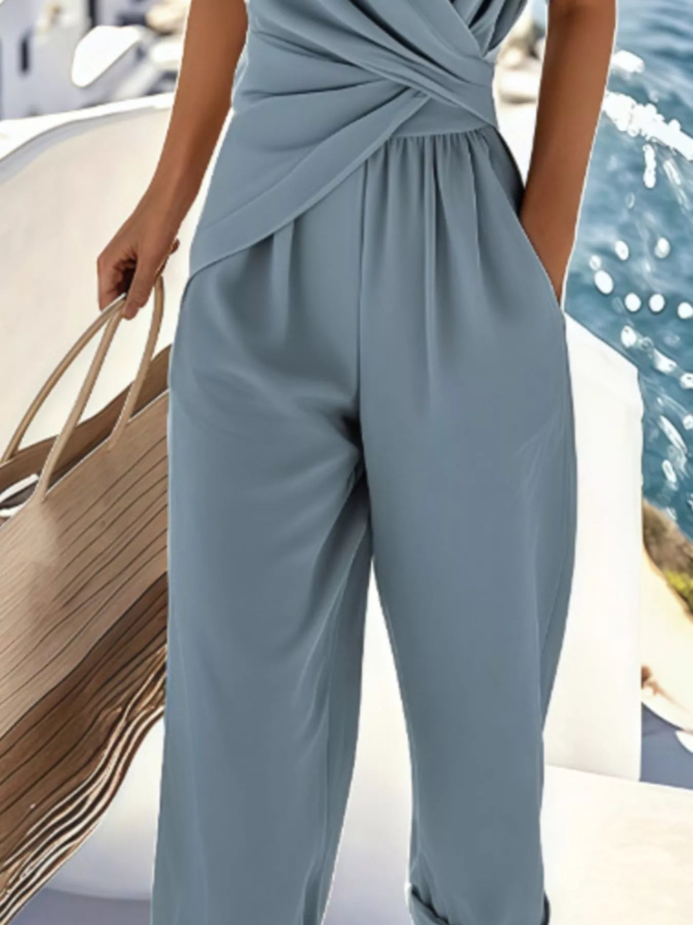 Full Size Surplice Short Sleeve Top and Pants Set Plus Size - Kenner House Emporium