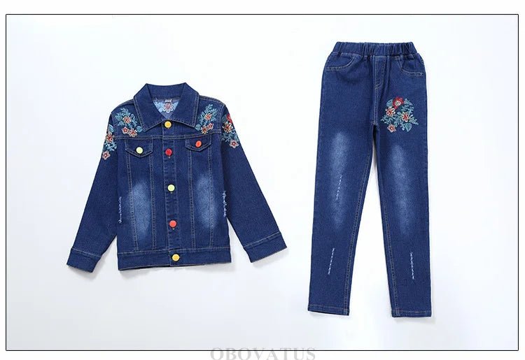 Fashion Kids Girl Denim 2 Piece Set Jacket and Jeans Embroidery Flower Jeans Jacket and Pants Set Child Vintage Spring Clothes - Kenner House Emporium
