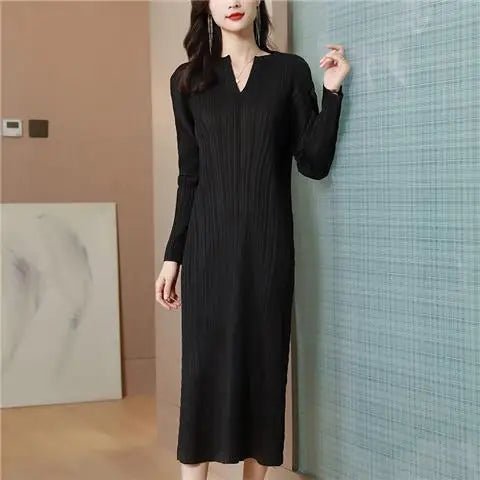 Pleated Dress Women's Long Sleeve Spring and Autumn 2023 New V - Neck Bottom Skirt Slim Fit Long Dress - Kenner House Emporium