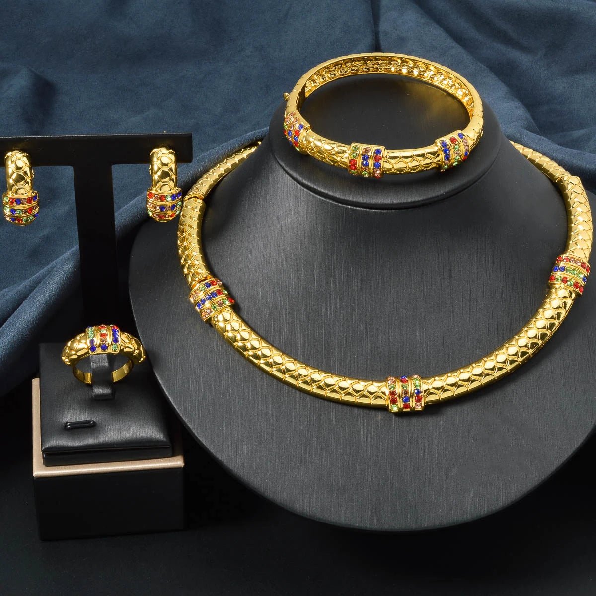 Luxury 18k Gold - Plated Women's Jewelry 4 - Piece Round Necklace Bracelet Earrings Ring Gold Classic Dubai Wedding Gift - Kenner House Emporium