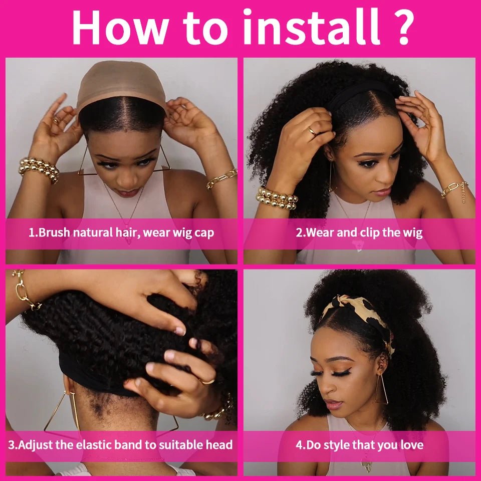 Headband Wig Human Hair Kinky Curly MYLOCKME No Glue Full Machine Made Brazilian Remy Human Hair Wigs For Women 180% Density - Kenner House Emporium