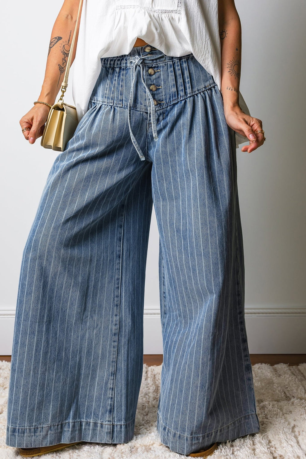 Sky Blue Stripe Button Pleated Drawstring Waist Casual Wide Leg Jeans - Kenner House Emporium