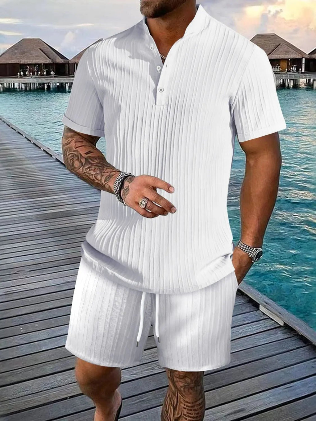 Men's Full Size Button Detail Short Sleeve Top and Shorts Set Plus Size - Kenner House Emporium