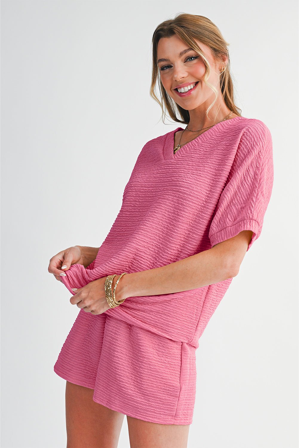 Pink Textured V Neck T Shirt and Shorts Set - Kenner House Emporium