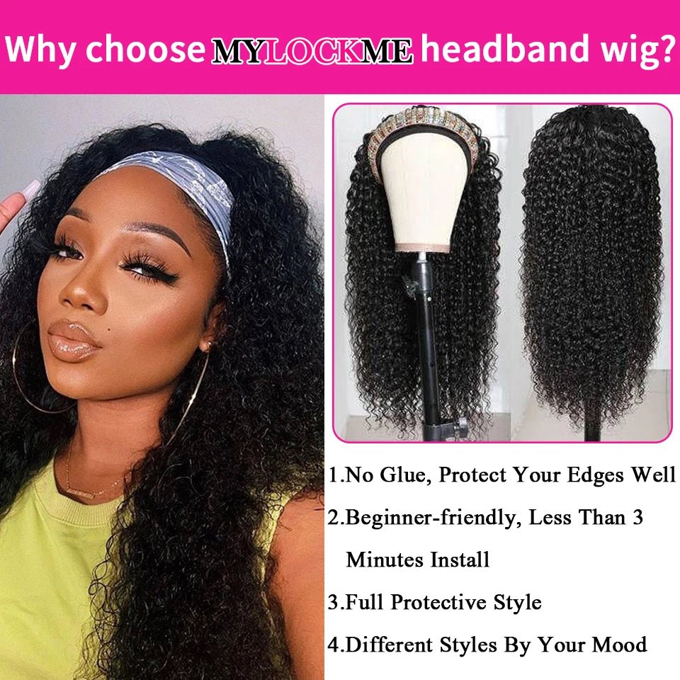 Headband Wig Human Hair Kinky Curly MYLOCKME No Glue Full Machine Made Brazilian Remy Human Hair Wigs For Women 180% Density - Kenner House Emporium