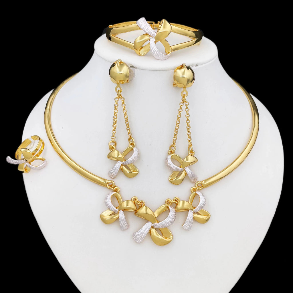New Women Jewelry Two Tone Classic Design Necklace Set Long Drop Earrings Bracelet And Ring Full Set Jewelry Party Trending - Kenner House Emporium