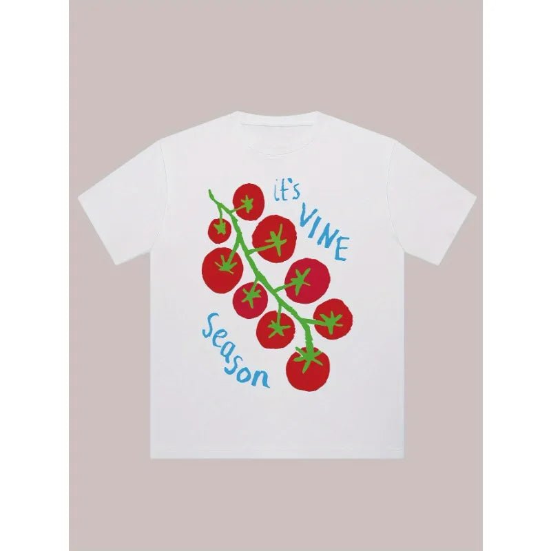 2026 New Summer Women T-Shirt Printed Grape Season Tomato Print Round Neck Short Sleeve Fresh Casual Top - Kenner House Emporium
