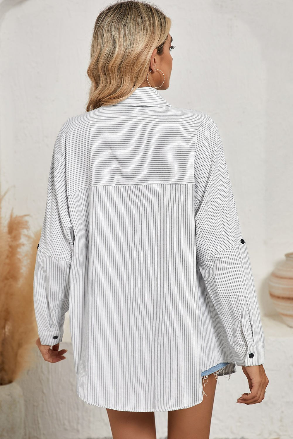 Black Stripe Roll - tab Sleeve Pocketed Tunic Shirt Shacket - Kenner House Emporium
