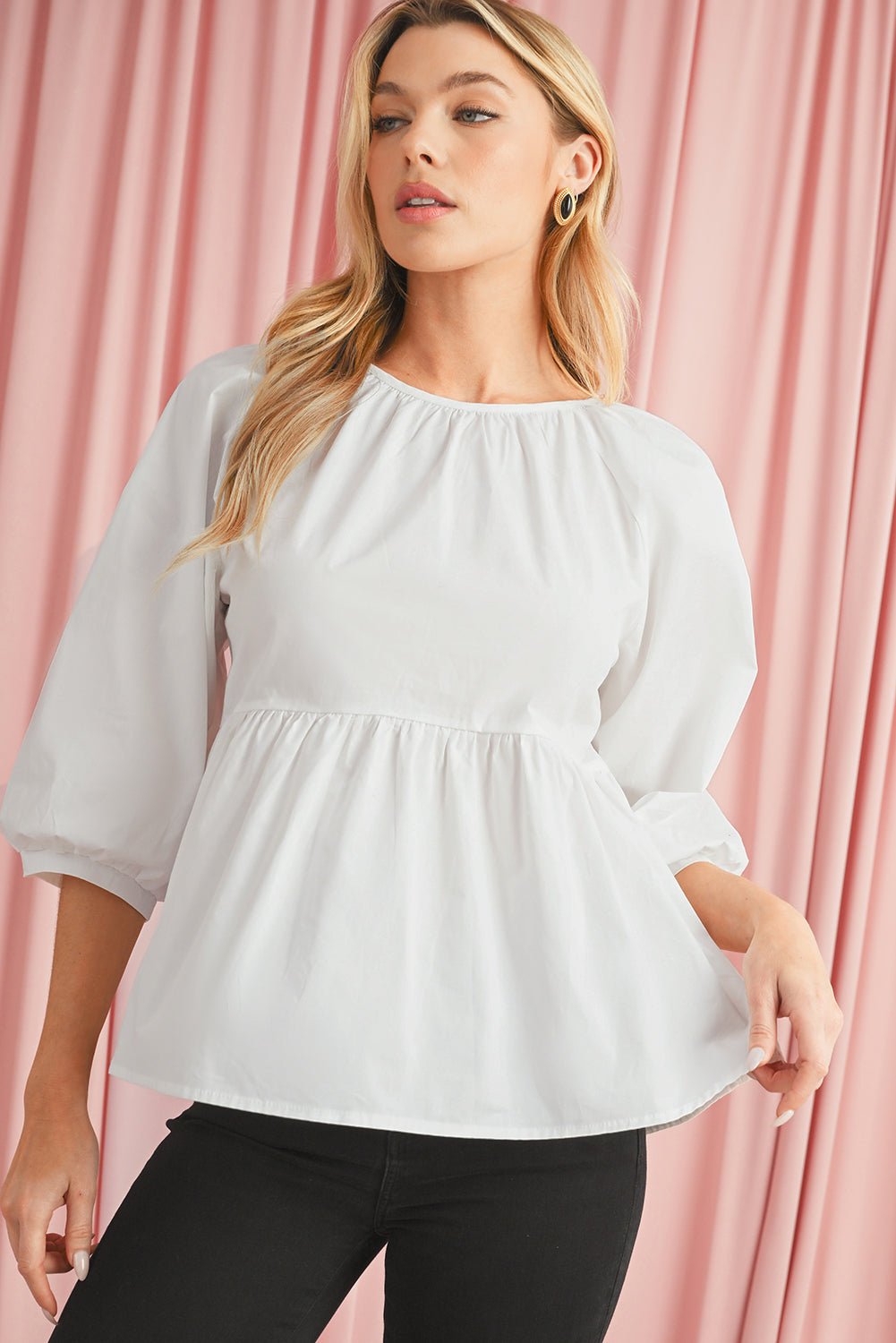 White Bow Knot Cutout Back Loose Fit 3/4 Sleeve Blouse - Kenner House Emporium
