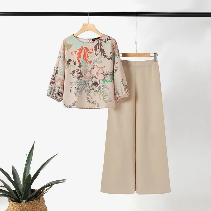 ZANZEA Spring 2pcs Outfits Women Pant Sets 3/4 Sleeve Floral Printed Blouse Loose Trousers Suits Elegant Work Tracksuit Oversize - Kenner House Emporium