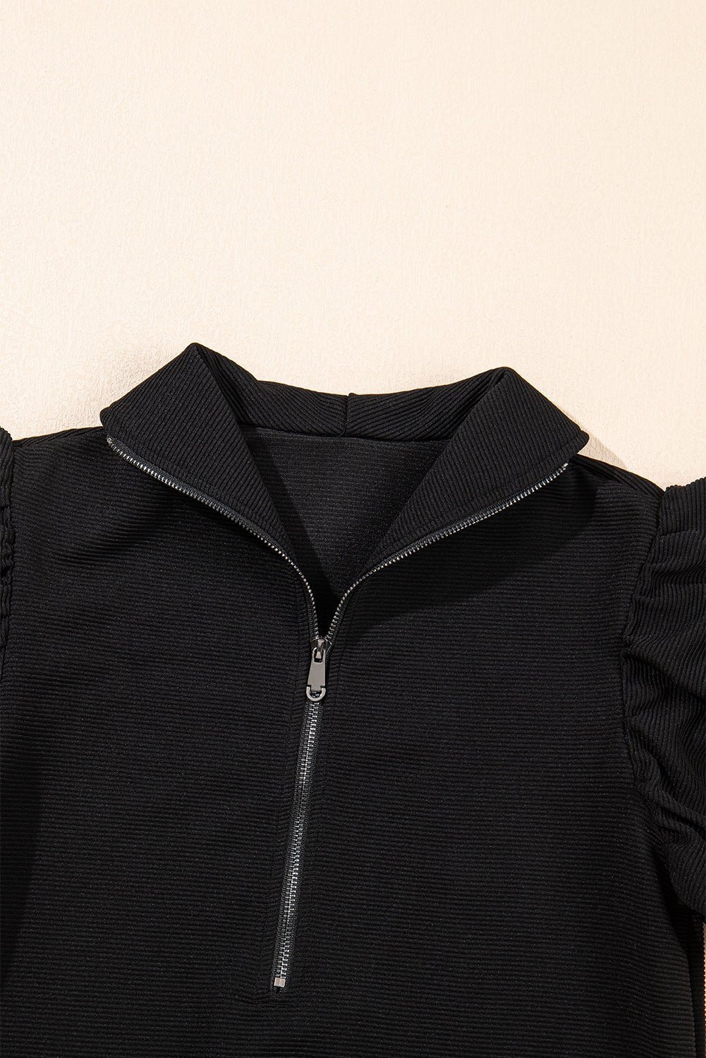 Black Textured Ruffle Sleeve Zipped Top and Wide Leg Pants Set - Kenner House Emporium