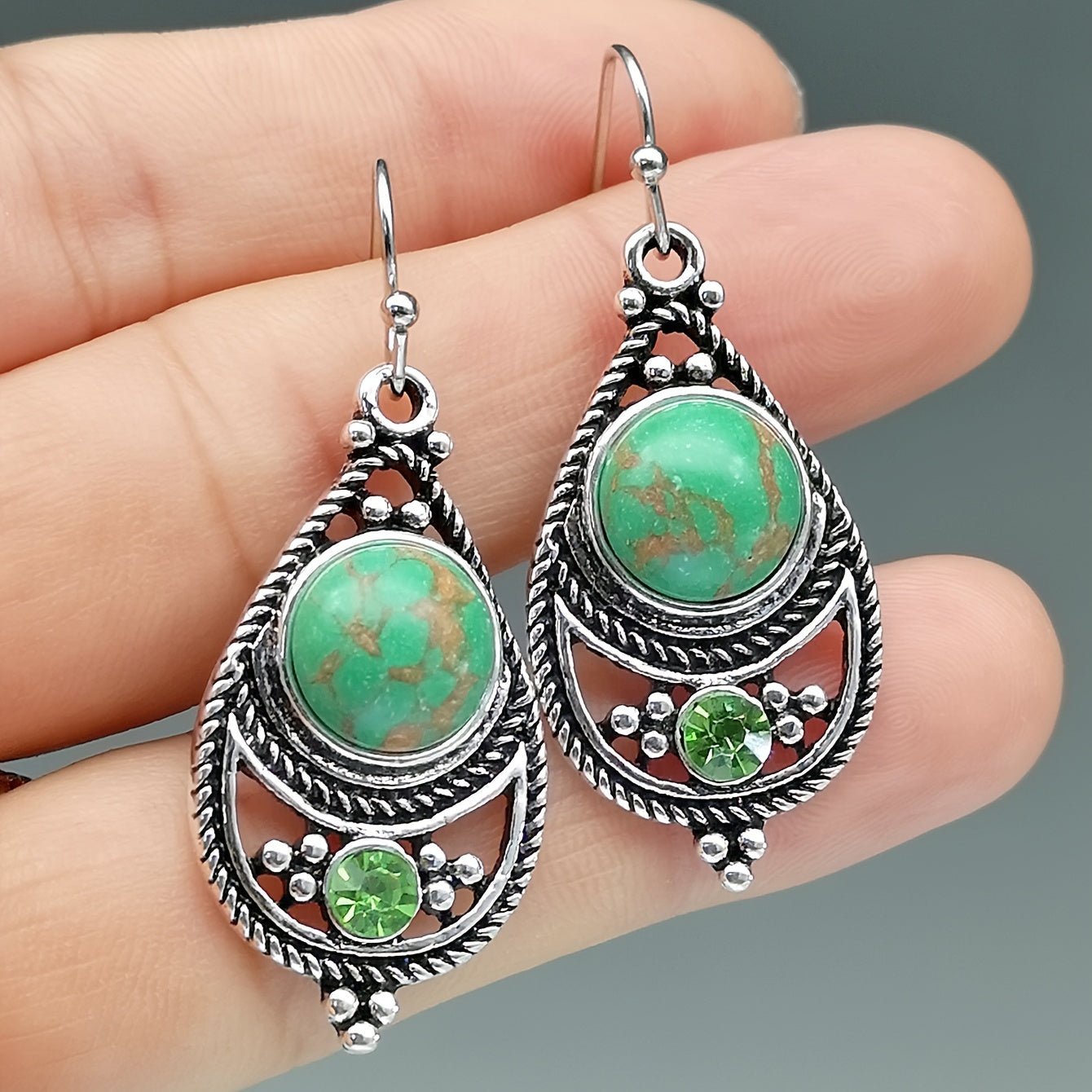 [Vintage Boho Earrings] Green Aventurine Vintage Boho Dangling Earrings | Alloy, English Style, Stainless Steel Ear Needle, for Daily Wear, Office, Street, Party, Vacation, Gift - Kenner House Emporium