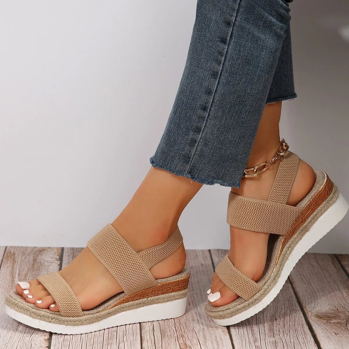 Women's Sandals Wedge Platform Shoes Open Toe Solid Color Beach Shoes Hot Sale Non - slip Sandals Slip on Elastic Fabric Sandals - Kenner House Emporium