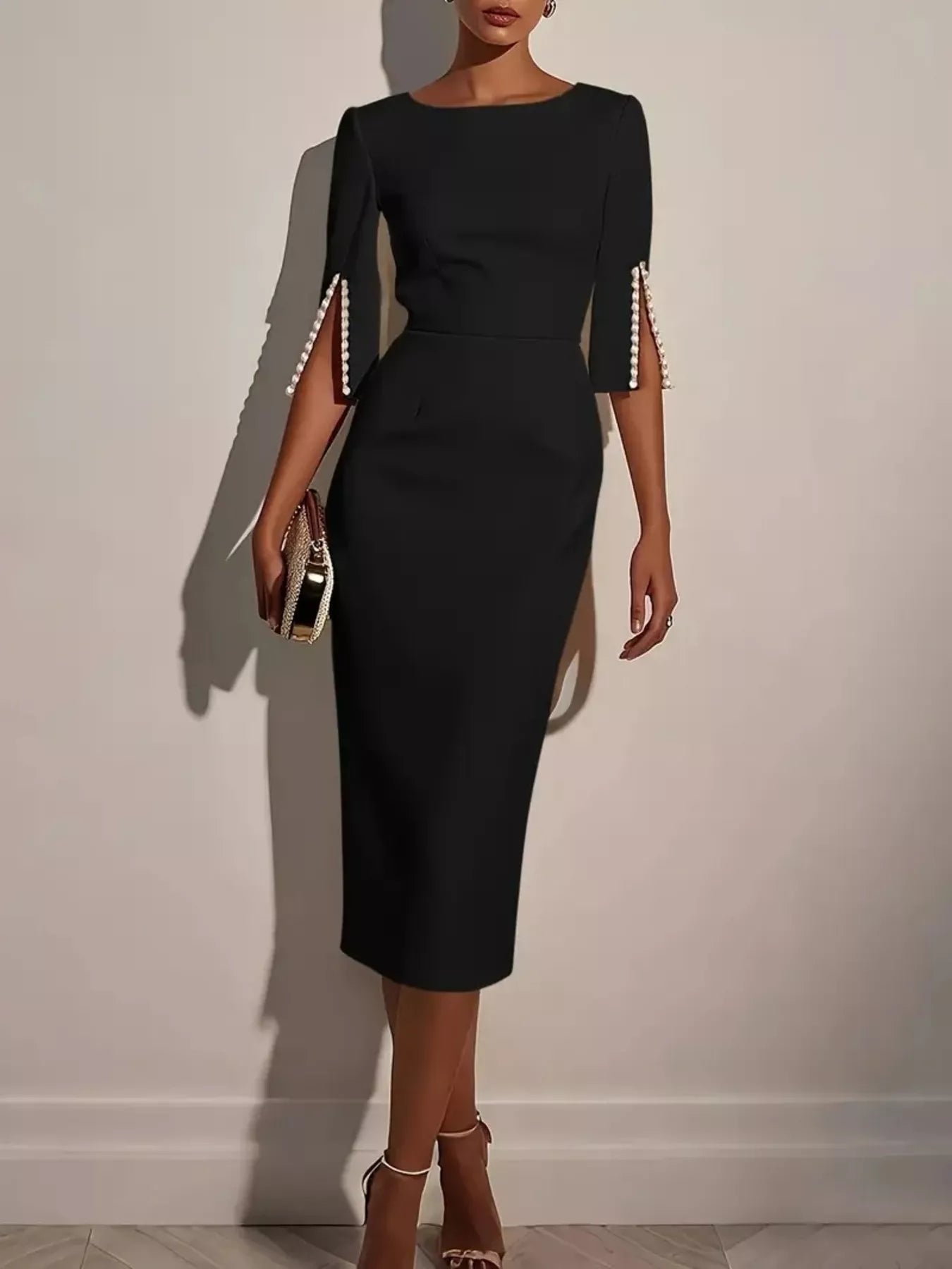 Slim - Fit Elegant Midi Dress with Beaded Slit Sleeve - Kenner House Emporium