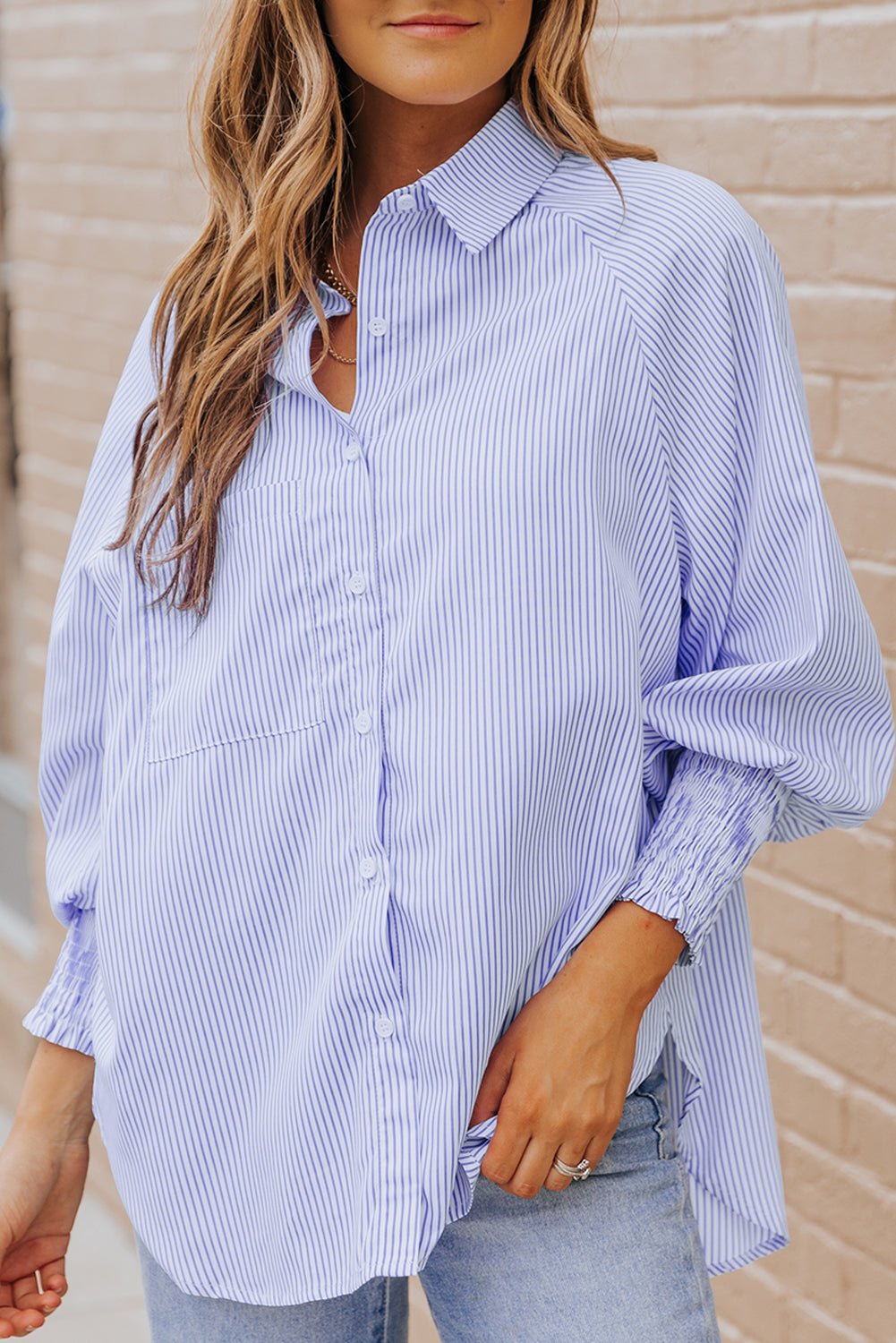Light Blue Casual Striped Shirred Cuffs Shirt - Kenner House Emporium