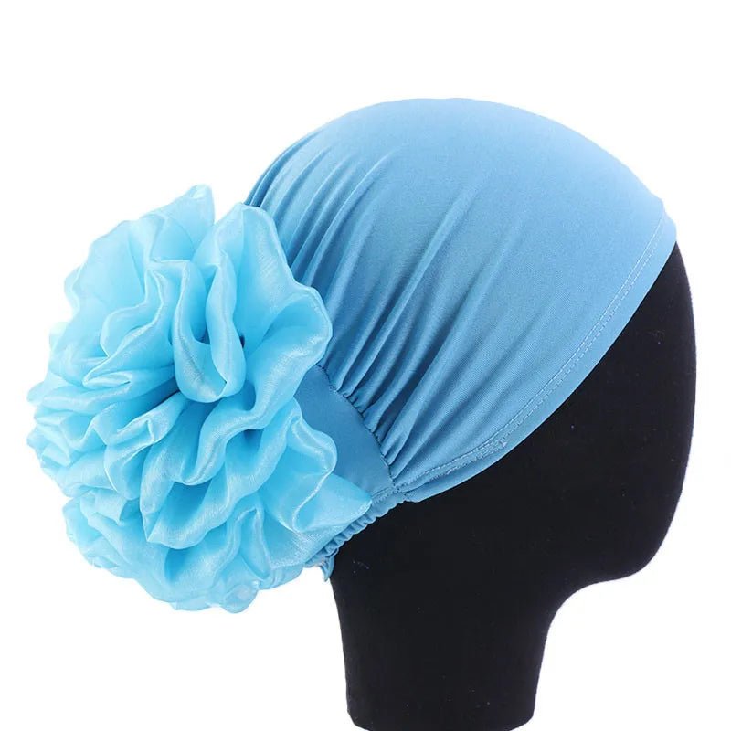 Women's Chiffon Headscarf With Flower Decoration,Monochromatic Elastic Breathable Head Wrap Suitable For Spring,Summer,Autumn - Kenner House Emporium