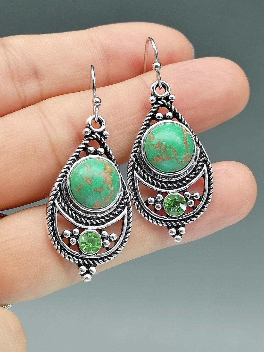 [Vintage Boho Earrings] Green Aventurine Vintage Boho Dangling Earrings | Alloy, English Style, Stainless Steel Ear Needle, for Daily Wear, Office, Street, Party, Vacation, Gift - Kenner House Emporium