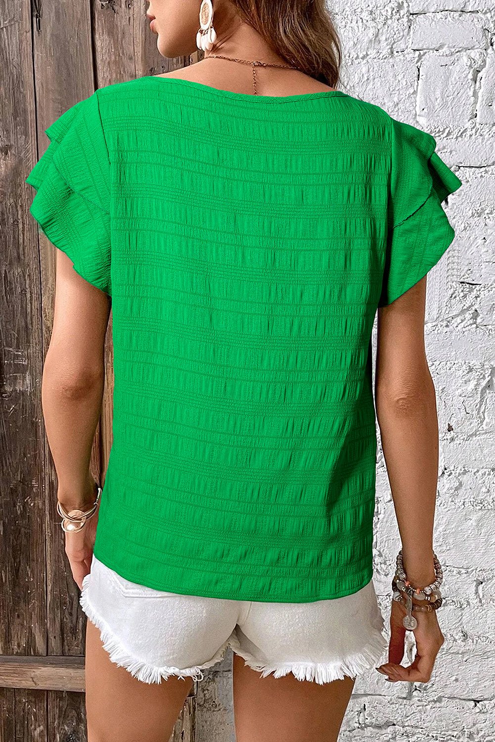 Dark Green Ruffle Sleeve Textured Smocked Blouse - Kenner House Emporium