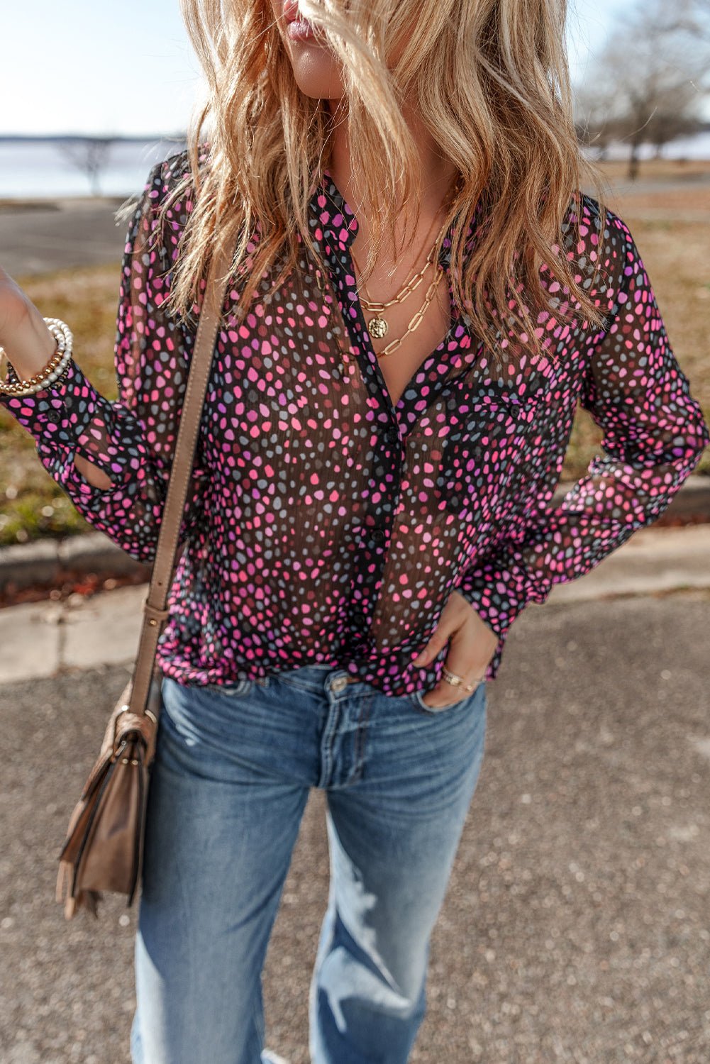 Grape Wine Polka Dot Print Buttoned Shirt - Kenner House Emporium