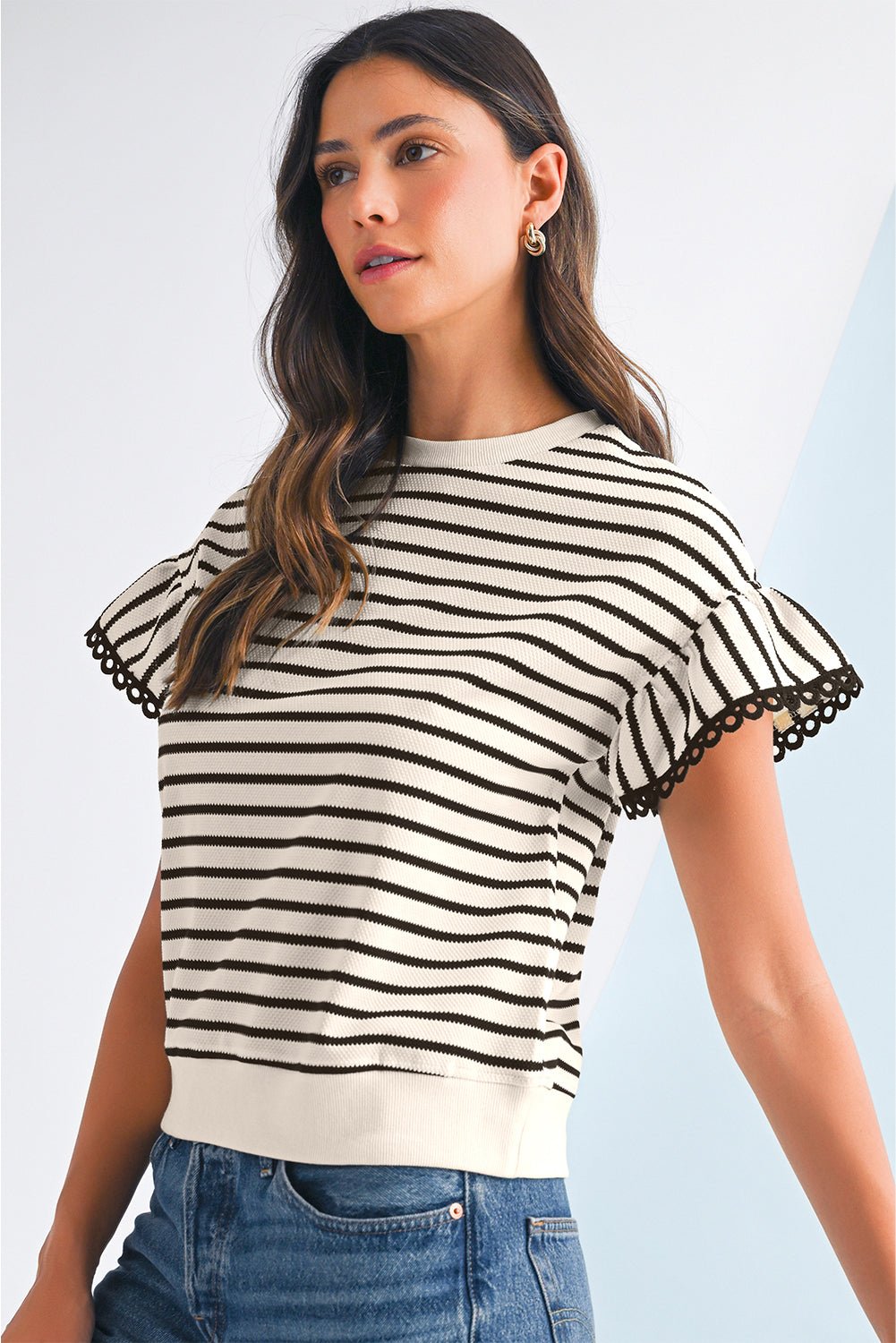 Black Stripe Scallop Lace Trim Ruffle Sleeves Crewneck Top - Kenner House Emporium
