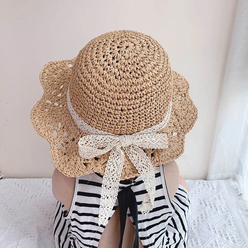 Fashion Baby Petal Brim Straw Woven Hat Sun Protection Lace Cap Kids Girls Princess Collapsible Beach Cute Infant Bucket Hats - Kenner House Emporium