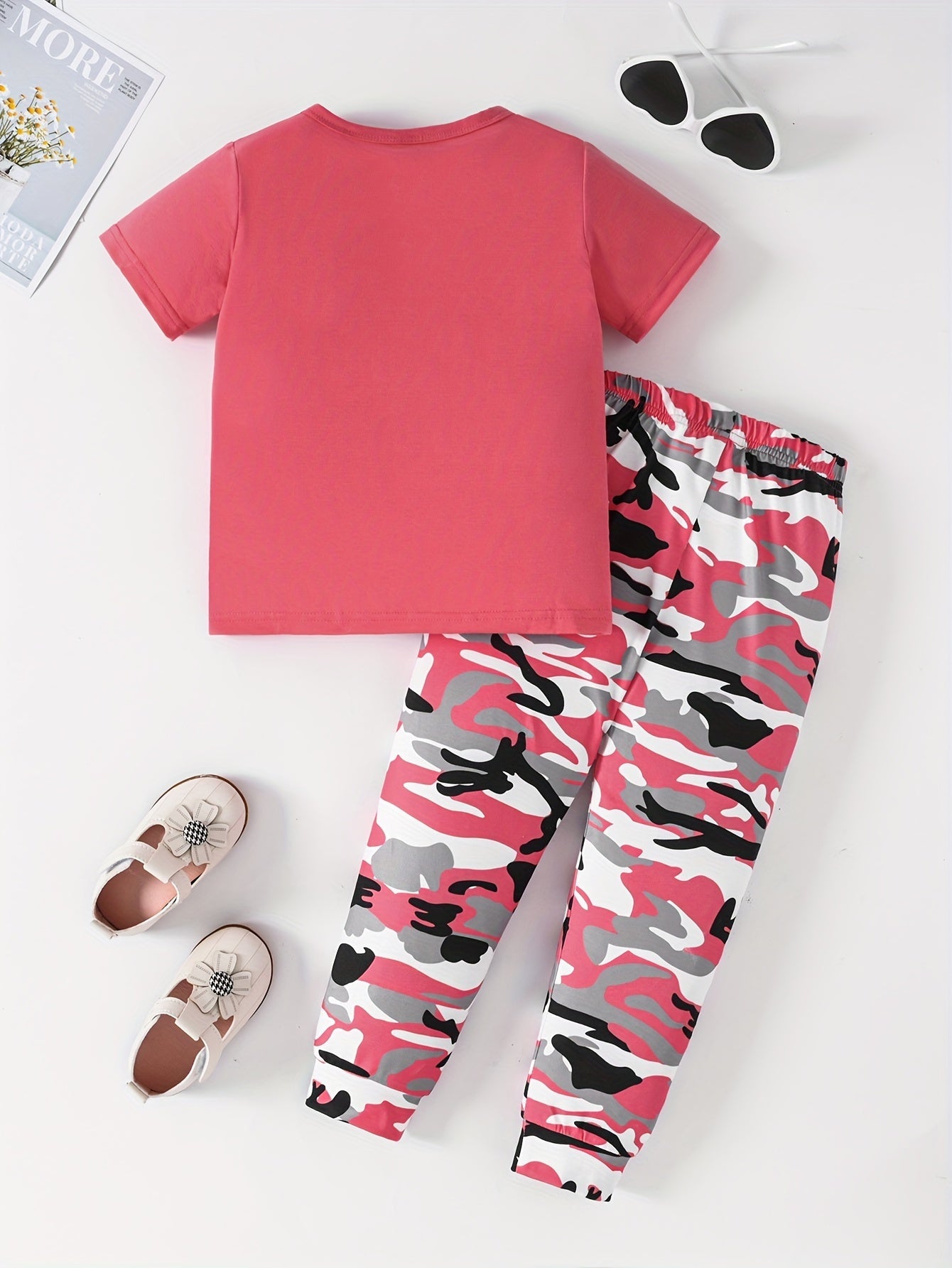2pcs Girls' Camo Pattern Outfits Set - Casual Short Sleeve T-shirt + Pants, Machine Washable Polyester with Slight Stretch - Spring/Summer/Fall Essentials | Color Block Design | Random Printing - Kenner House Emporium