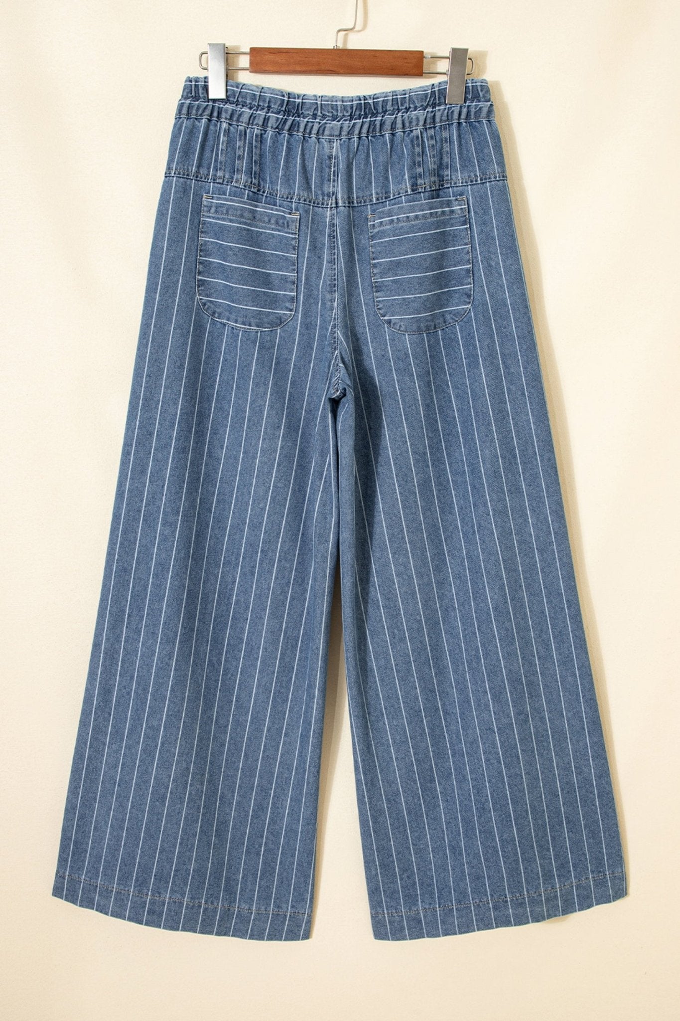 Sky Blue Stripe Button Pleated Drawstring Waist Casual Wide Leg Jeans - Kenner House Emporium