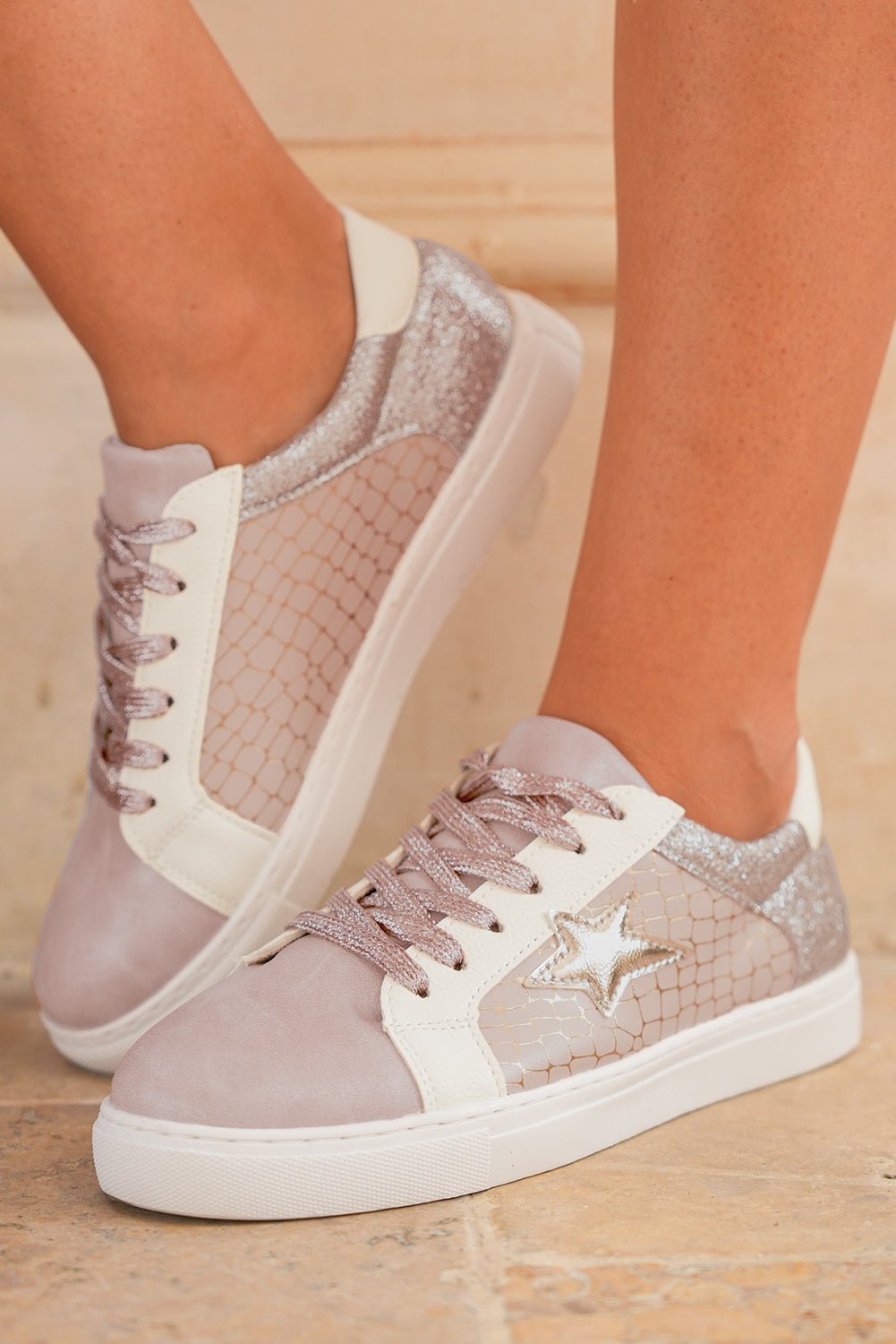 Gold Glitter Star Patchwork PU Leather Lace - up Sneakers - Kenner House Emporium