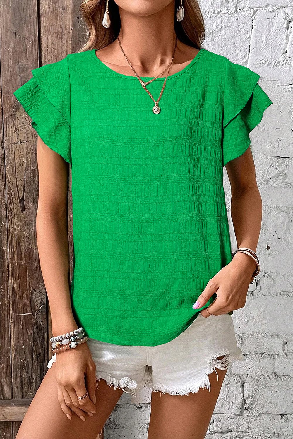 Dark Green Ruffle Sleeve Textured Smocked Blouse - Kenner House Emporium
