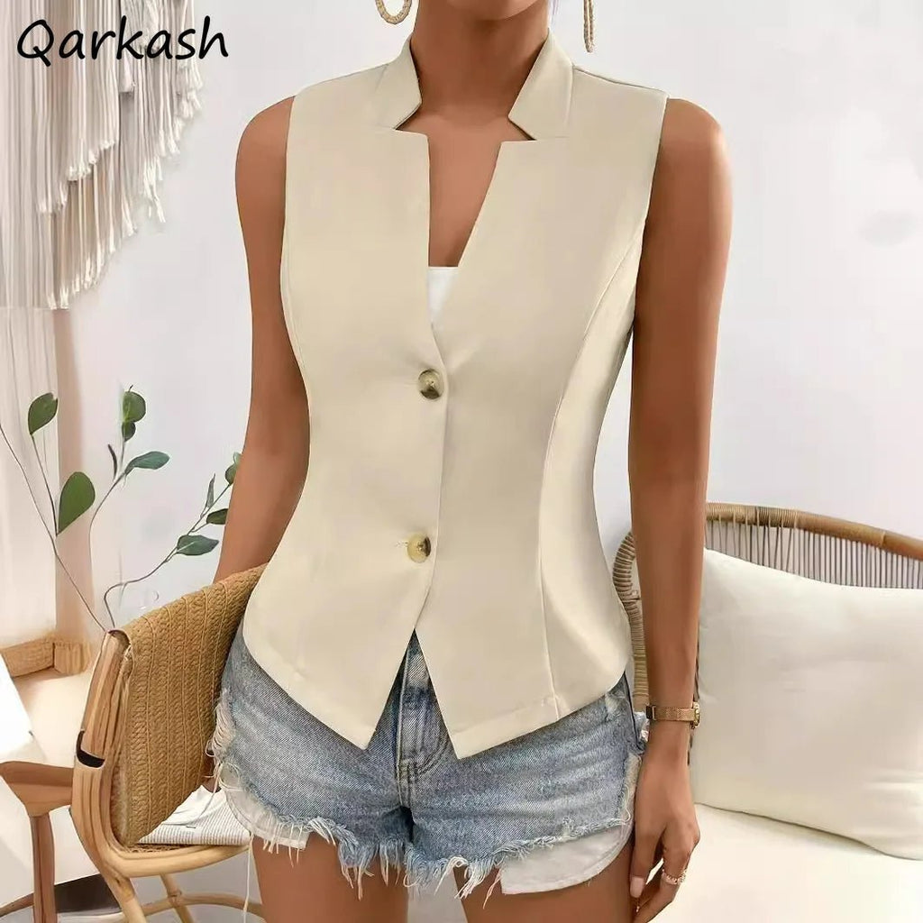 Vests Women Solid V - neck Slim Single Breasted European Style Elegant Ladies Commuting All - match Spring Summer Stylish Outwear - Kenner House Emporium