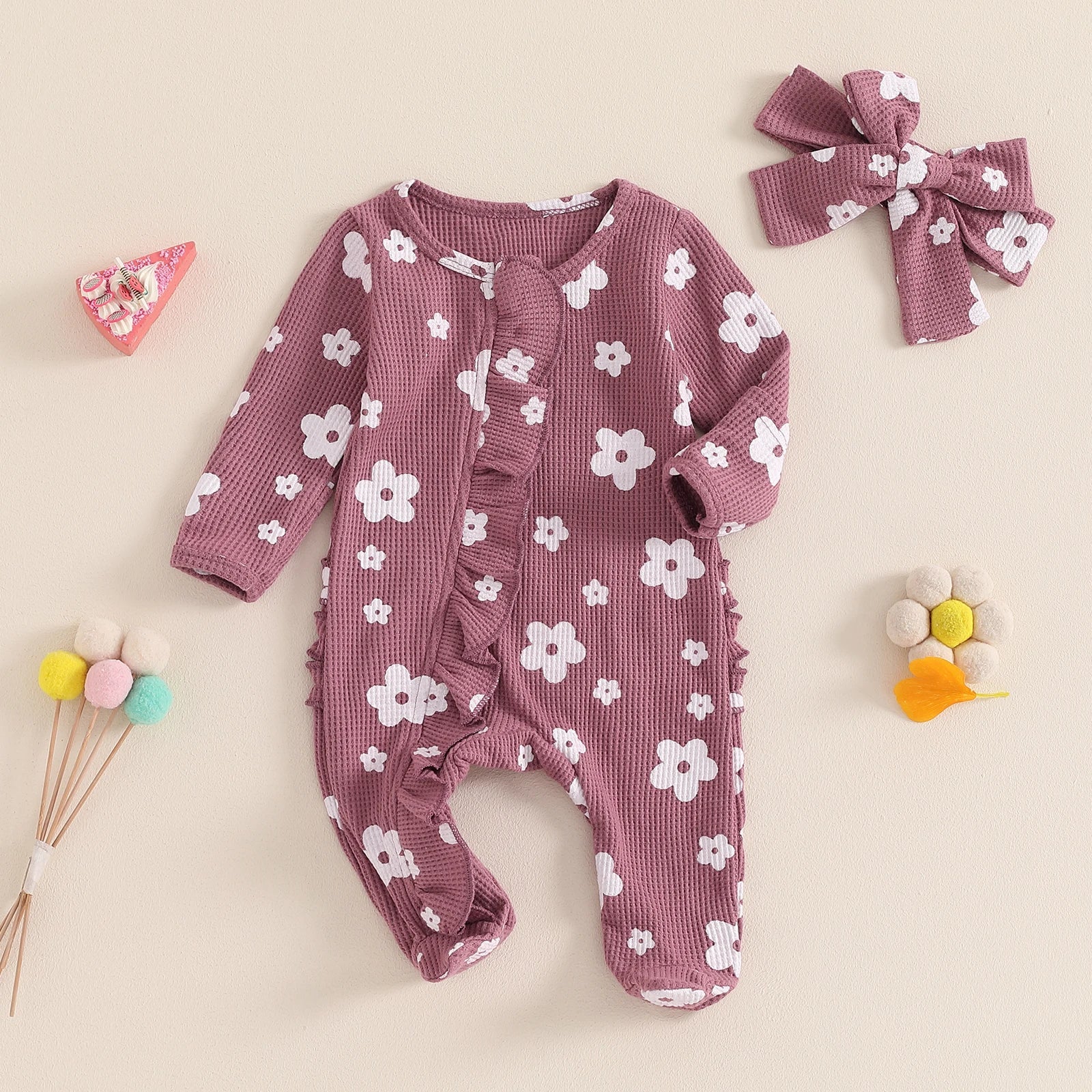 Toddler Baby Girls Floral Footies Jumpsuit and Headband Children Cotton Long Sleeve Frills Zipped Autumn Spring Kids Clothes - Kenner House Emporium