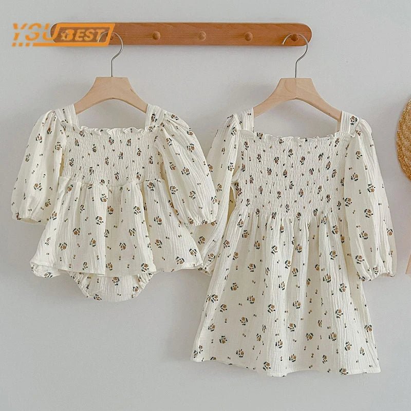 Spring Autumn Infant Kids Baby Girls Long Sleeve Rose Print Sisters Dress Newborn Kids Baby Girls Children Clothes Rompers - Kenner House Emporium