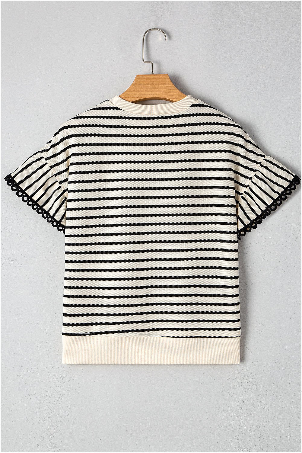 Black Stripe Scallop Lace Trim Ruffle Sleeves Crewneck Top - Kenner House Emporium
