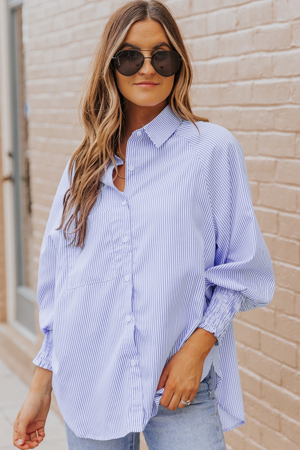 Light Blue Casual Striped Shirred Cuffs Shirt - Kenner House Emporium
