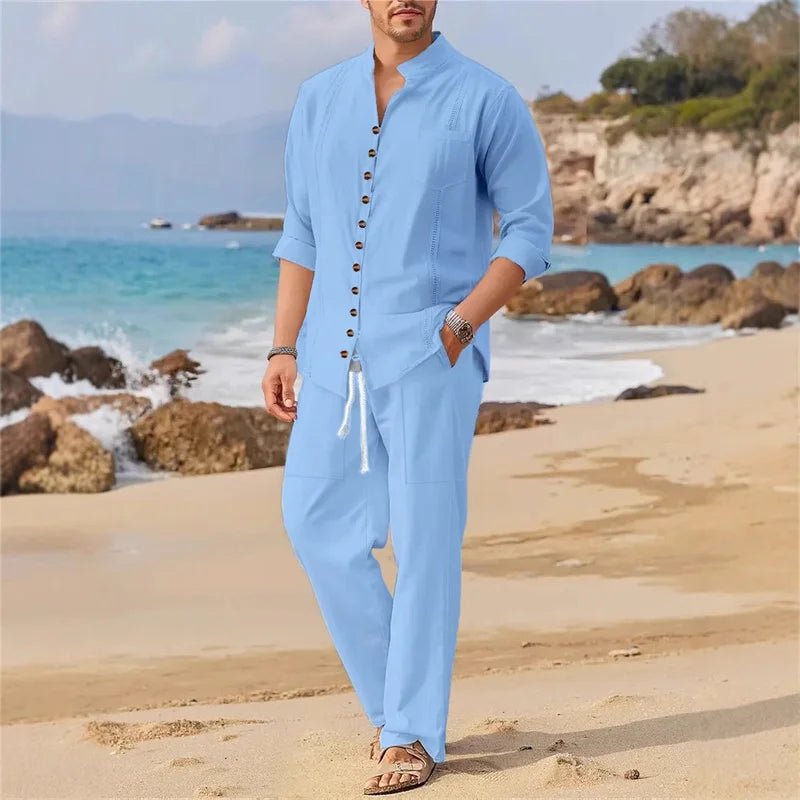 Men's Fashionable Cotton Linen Shirt Set, Stand Collar, Long Sleeves, Two - Piece Set, Spring/Autumn Style, 100% Natural Fiber - Kenner House Emporium