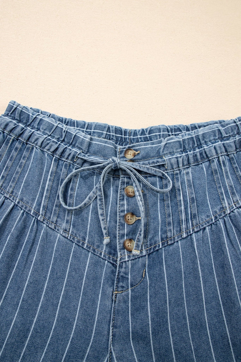 Sky Blue Stripe Button Pleated Drawstring Waist Casual Wide Leg Jeans - Kenner House Emporium
