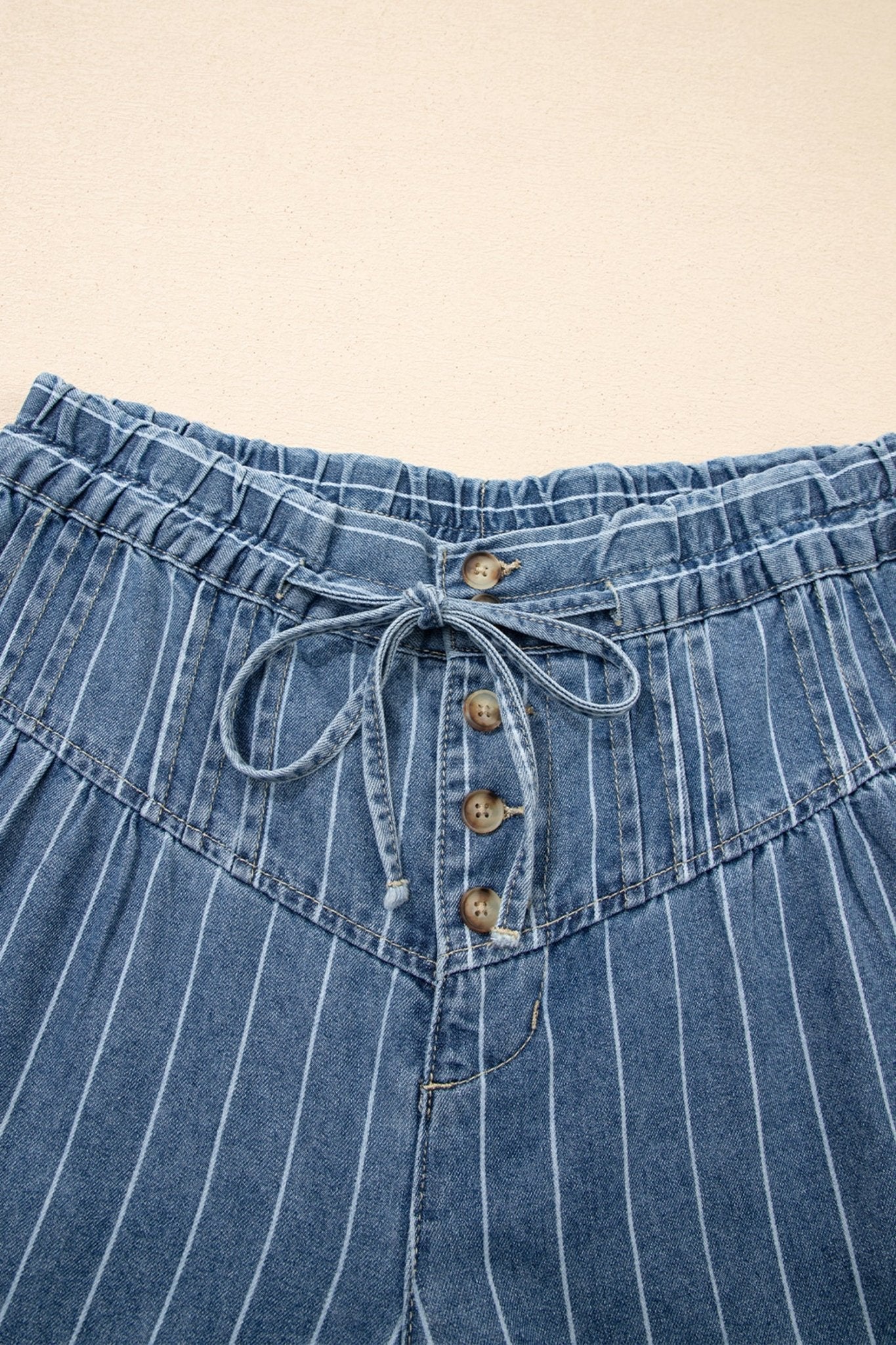 Sky Blue Stripe Button Pleated Drawstring Waist Casual Wide Leg Jeans - Kenner House Emporium