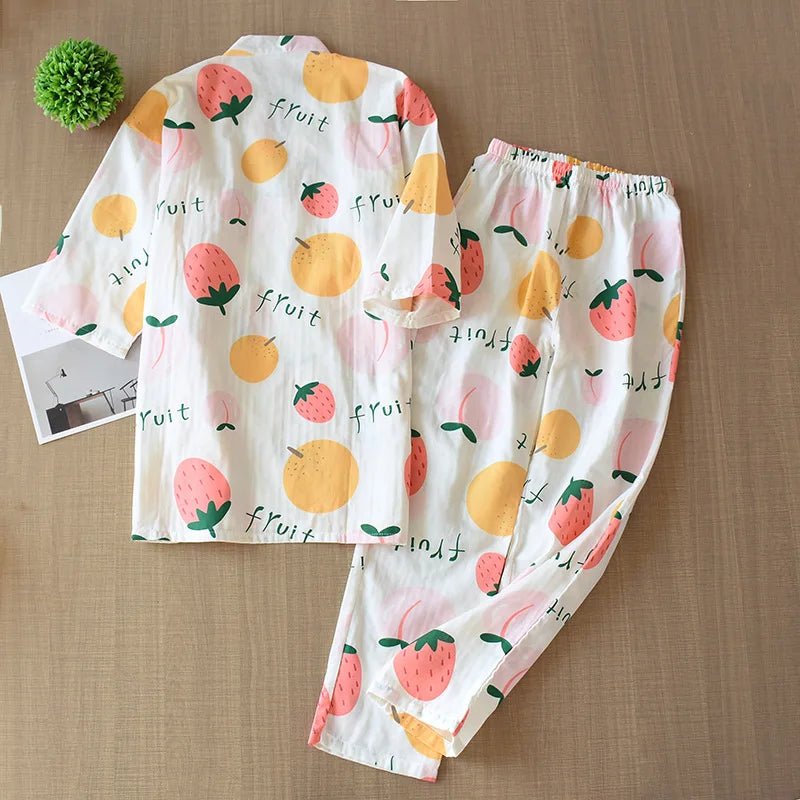 2023 Japanese - style kimono pajamas set seven - sleeve female spring and autumn 100% cotton gauze home clothes cute sweet 2 - piece - Kenner House Emporium