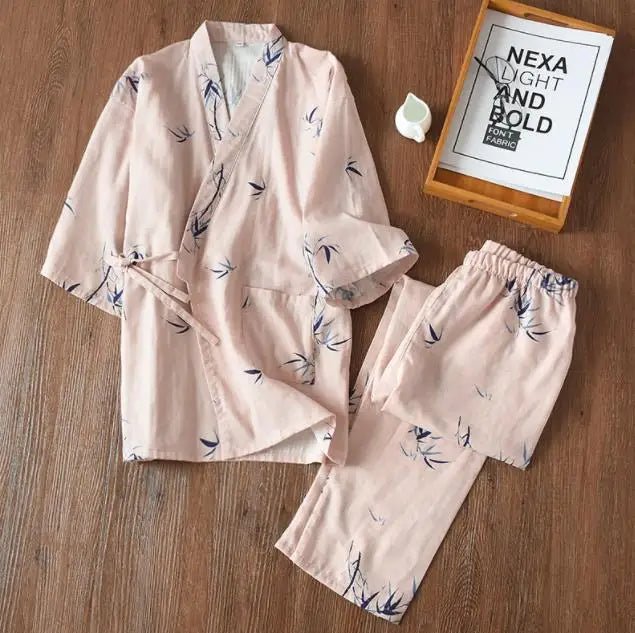 2023 Japanese - style kimono pajamas set seven - sleeve female spring and autumn 100% cotton gauze home clothes cute sweet 2 - piece - Kenner House Emporium