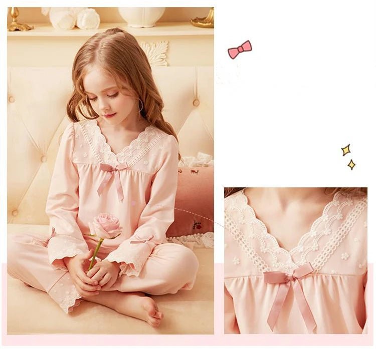 Girls' Pajamas Cotton Princess Style Suit Spring Autumn Long - Sleeved T-Shirt Trousers Cute Baby Home Service Clothes Tops+Pants - Kenner House Emporium