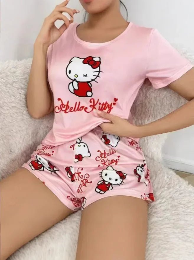 HelloKitty Women's Short Sleeve Pajama Set - Cartoon Graphic Spring/Fall Homewear Cozy Pink Sleepwear & Loungewear Lightweight - Kenner House Emporium