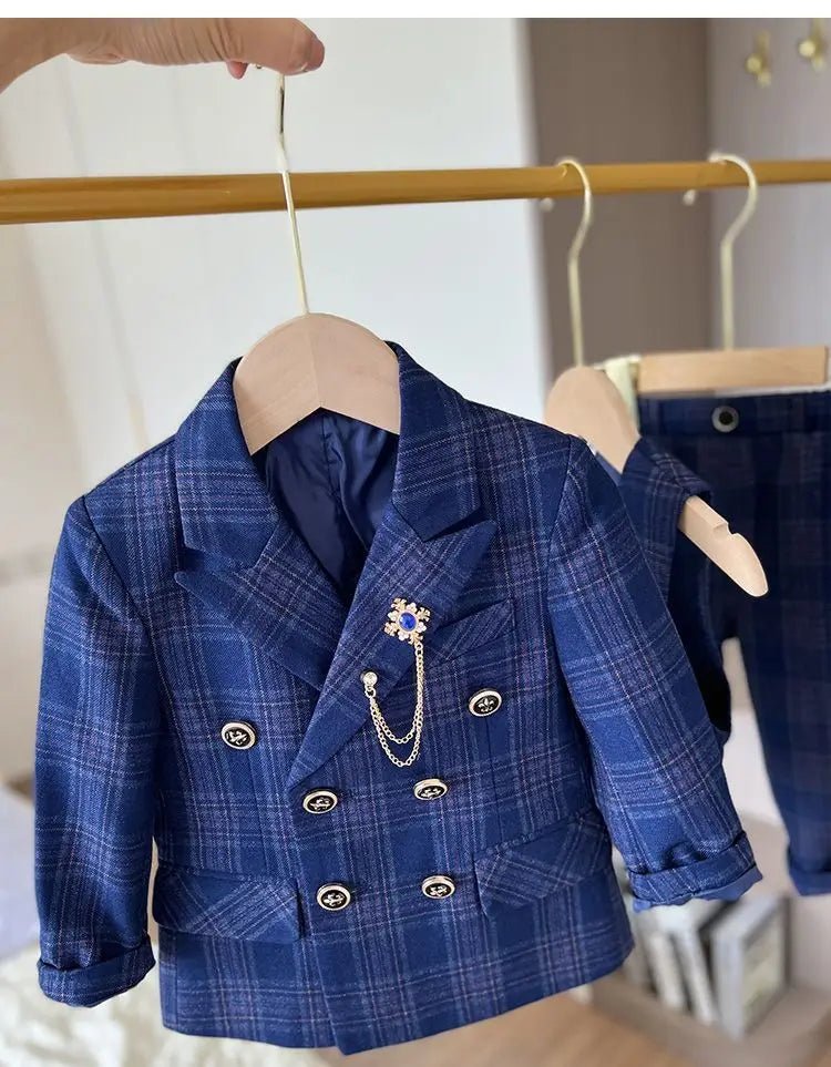 Child Spring Autumn Plaid Luxury Suit Set Boys Birthday Performance Photo Wedding Party Costume Kids Tuxedo Vest Pants Clothes - Kenner House Emporium