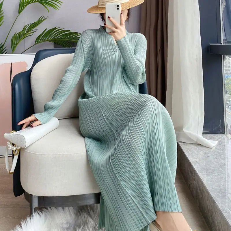 Pleated Dress Women's Long Sleeve Spring and Autumn 2023 New V - Neck Bottom Skirt Slim Fit Long Dress - Kenner House Emporium