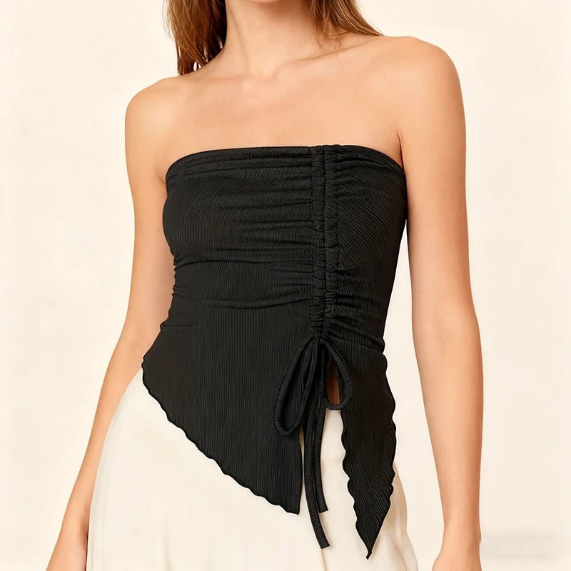 Spring Summer Y2K Women's Strapless Sleeveless Tube Top Mesh Ruched Side Asymmetrical Lace up Bandeau Cami Tank Tops Streetwear - Kenner House Emporium