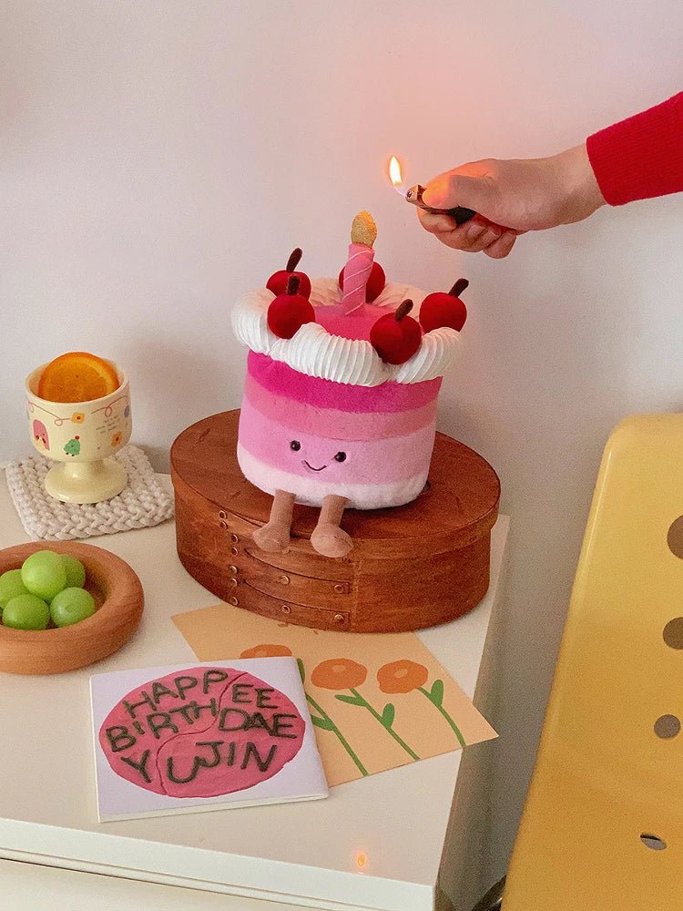 Kawaii Smile Cake Plush Toys Soft Stuffed Dessert Dolls with Candle Cherry Birthday Xmas Gift For Kids Cuddly Home Party Decor - Kenner House Emporium