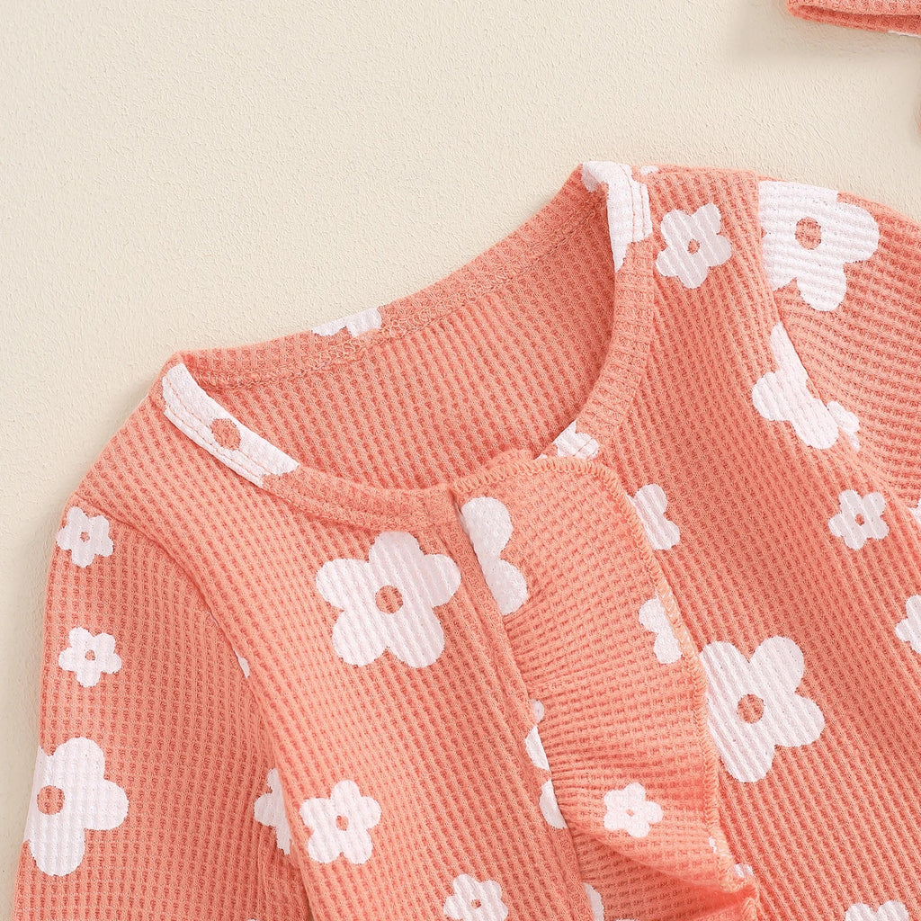 Toddler Baby Girls Floral Footies Jumpsuit and Headband Children Cotton Long Sleeve Frills Zipped Autumn Spring Kids Clothes - Kenner House Emporium