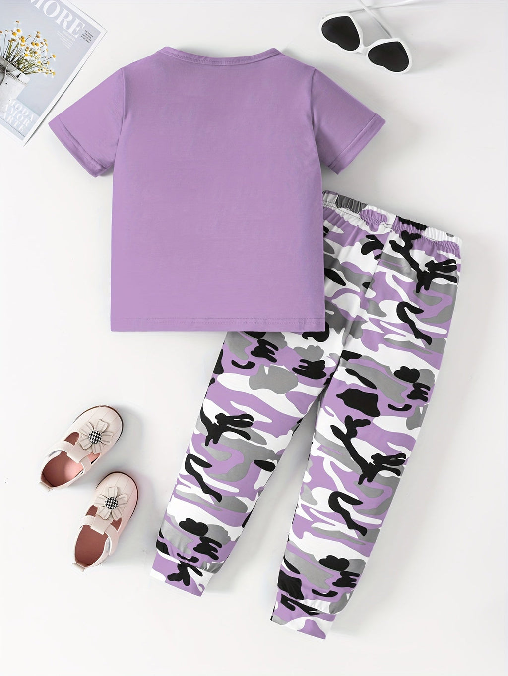 2pcs Girls' Camo Pattern Outfits Set - Casual Short Sleeve T-shirt + Pants, Machine Washable Polyester with Slight Stretch - Spring/Summer/Fall Essentials | Color Block Design | Random Printing - Kenner House Emporium