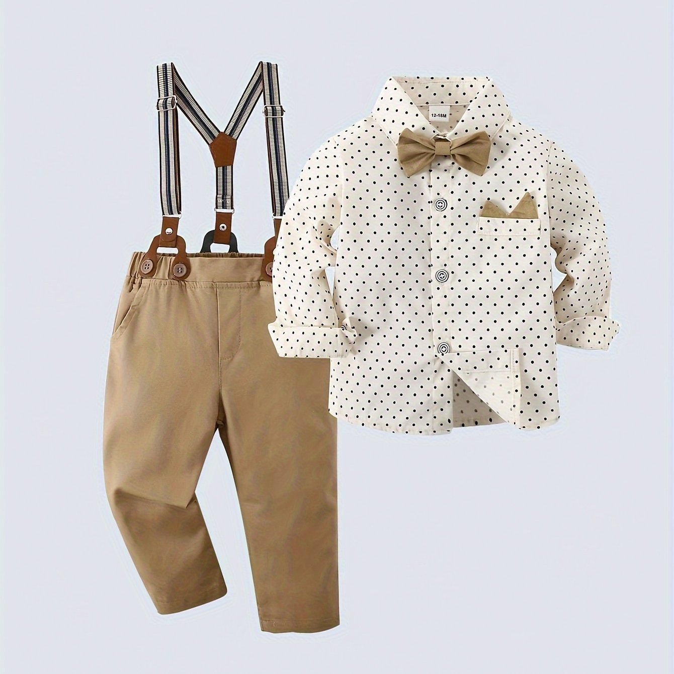 Toddler Baby Boys Gentleman Outfits, 2pcs Long Sleeve Lapel Shirt With Bow And Bib Pants Set, Handsome For Birthday Party Evening Party Performance Wedding Lunar New Year Banquet - Kenner House Emporium