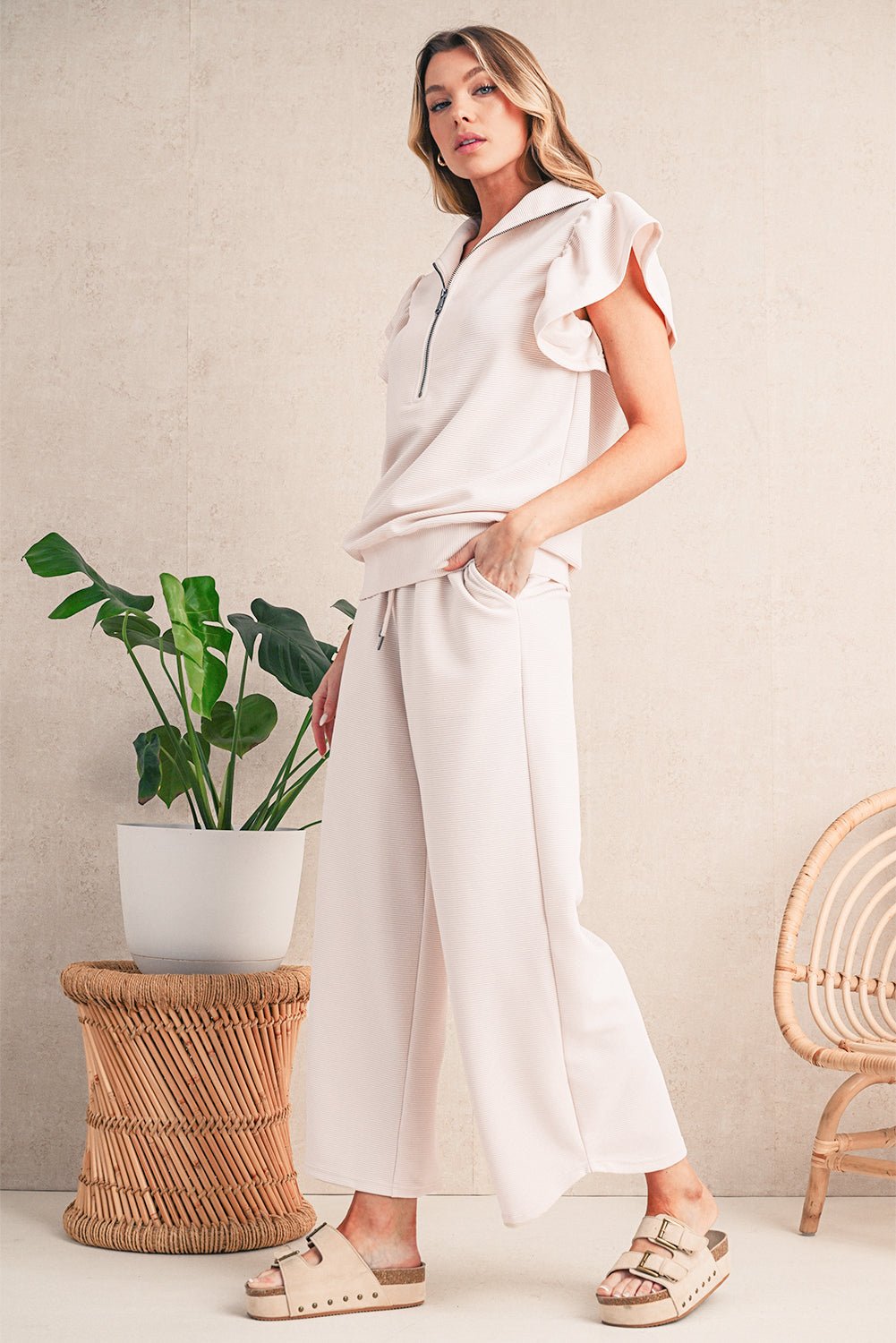 Apricot Textured Ruffle Sleeve Zipped Top and Wide Leg Pants Set - Kenner House Emporium